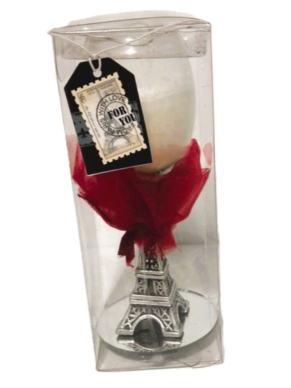 EIFFEL TOWER Wine Glass Candle Holder with Candle and Red Ribbon 4.5 inches